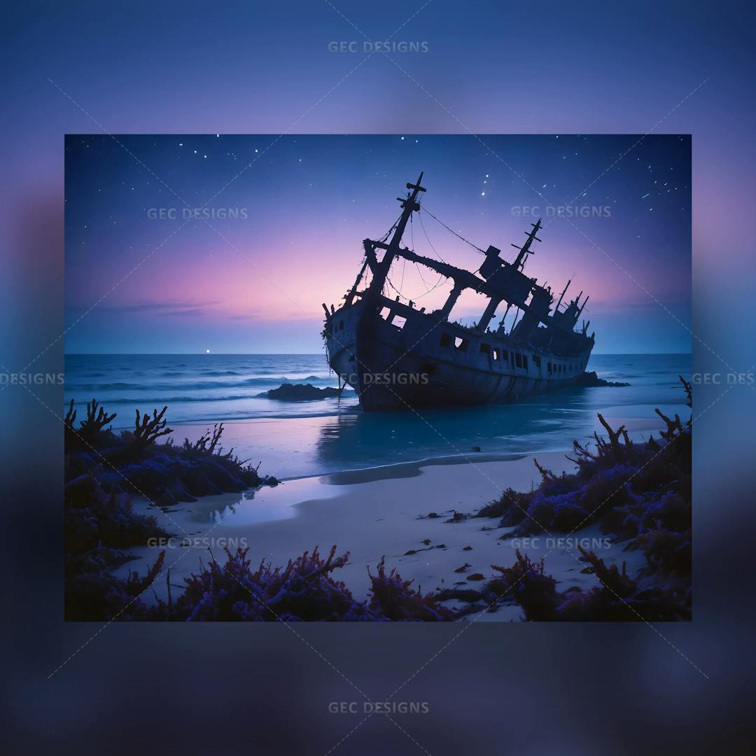 Shipwreck on the beach, a wreck of the old rusty ship AI Generated wallpaper with sunset background