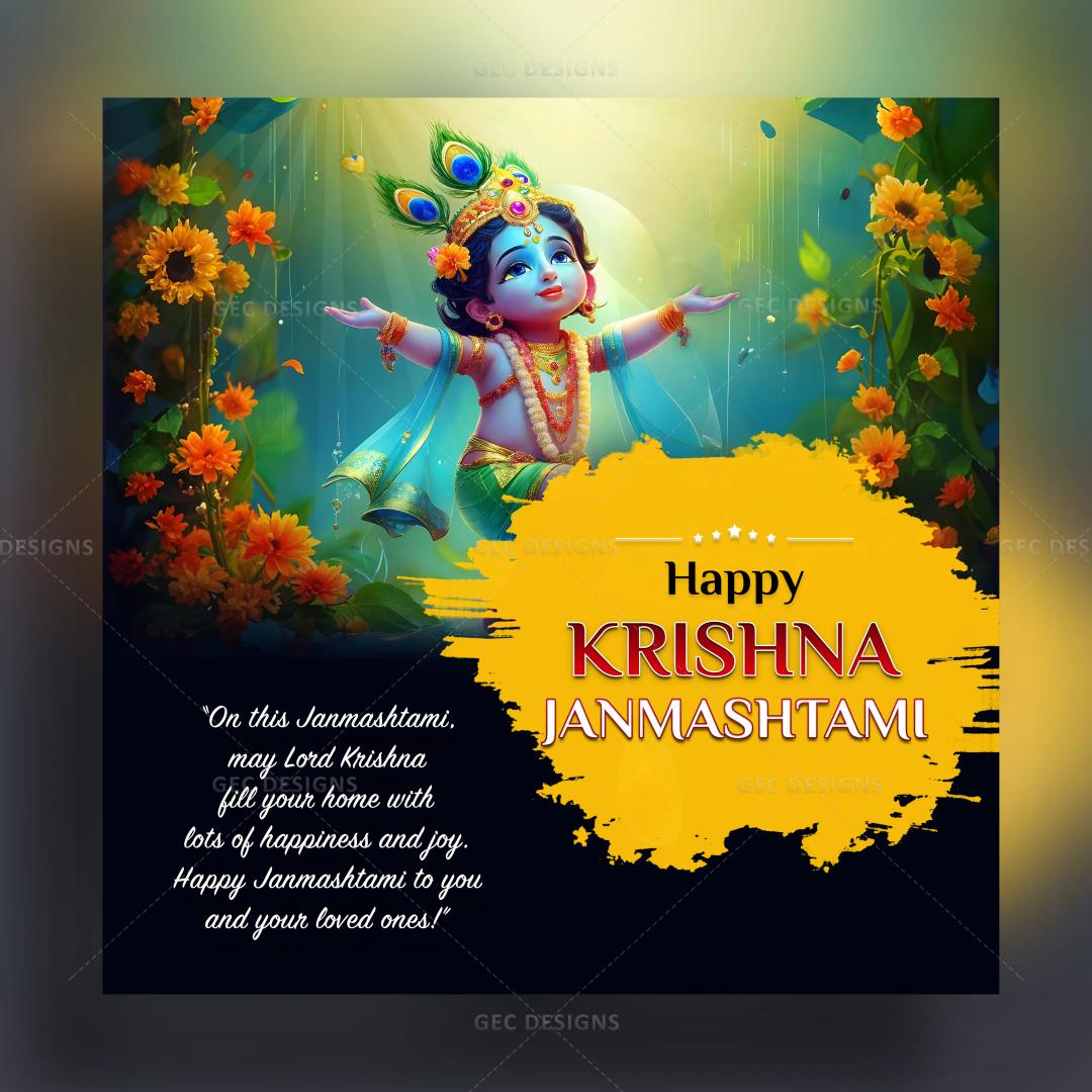 Shri Krishna Janmashtami 2024 poster image, Bal Krishna dancing joyfully on green background wallpaper