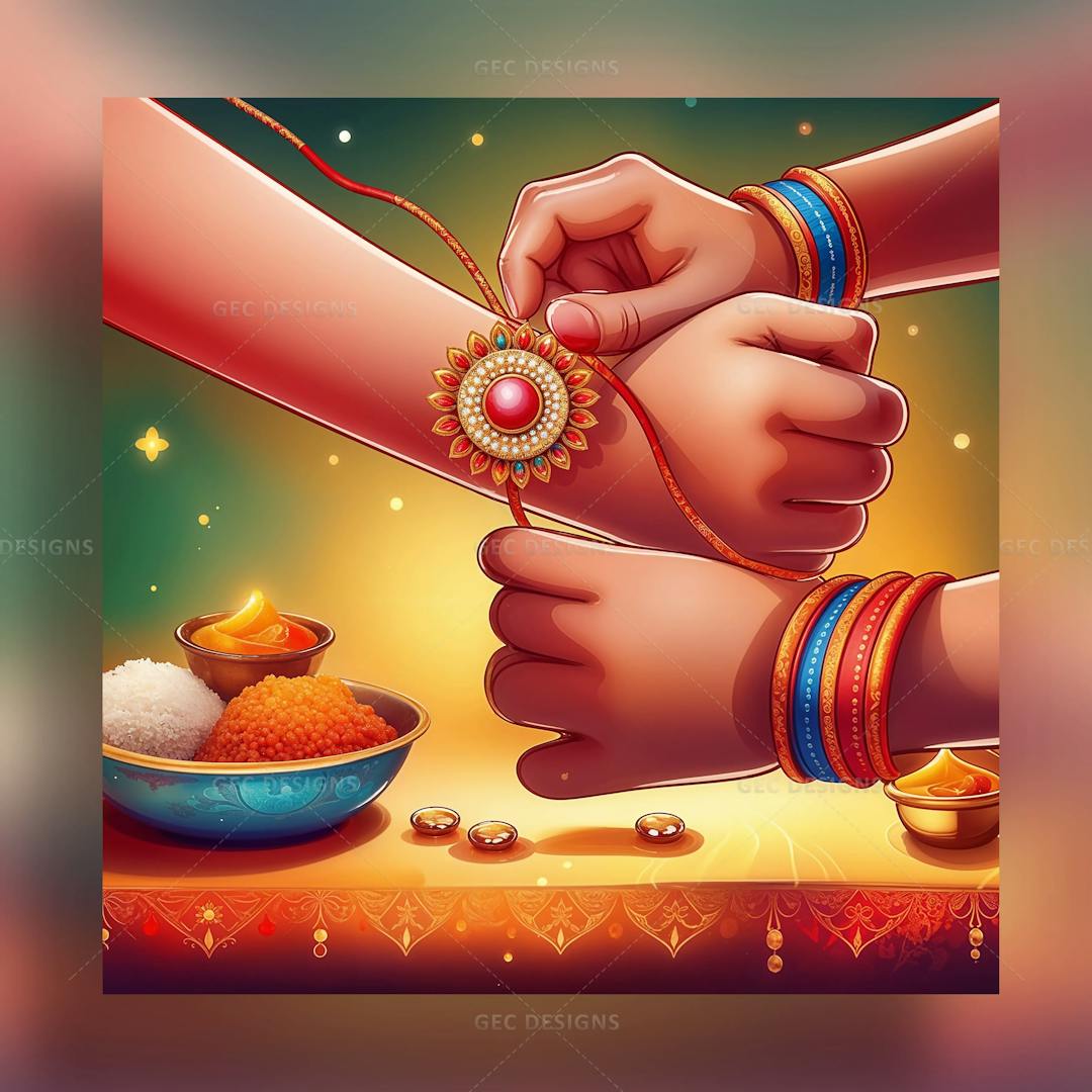 Sister tying Rakhi to her brother on Raksha Bandhan celebration cartoon illustration AI generated wallpaper