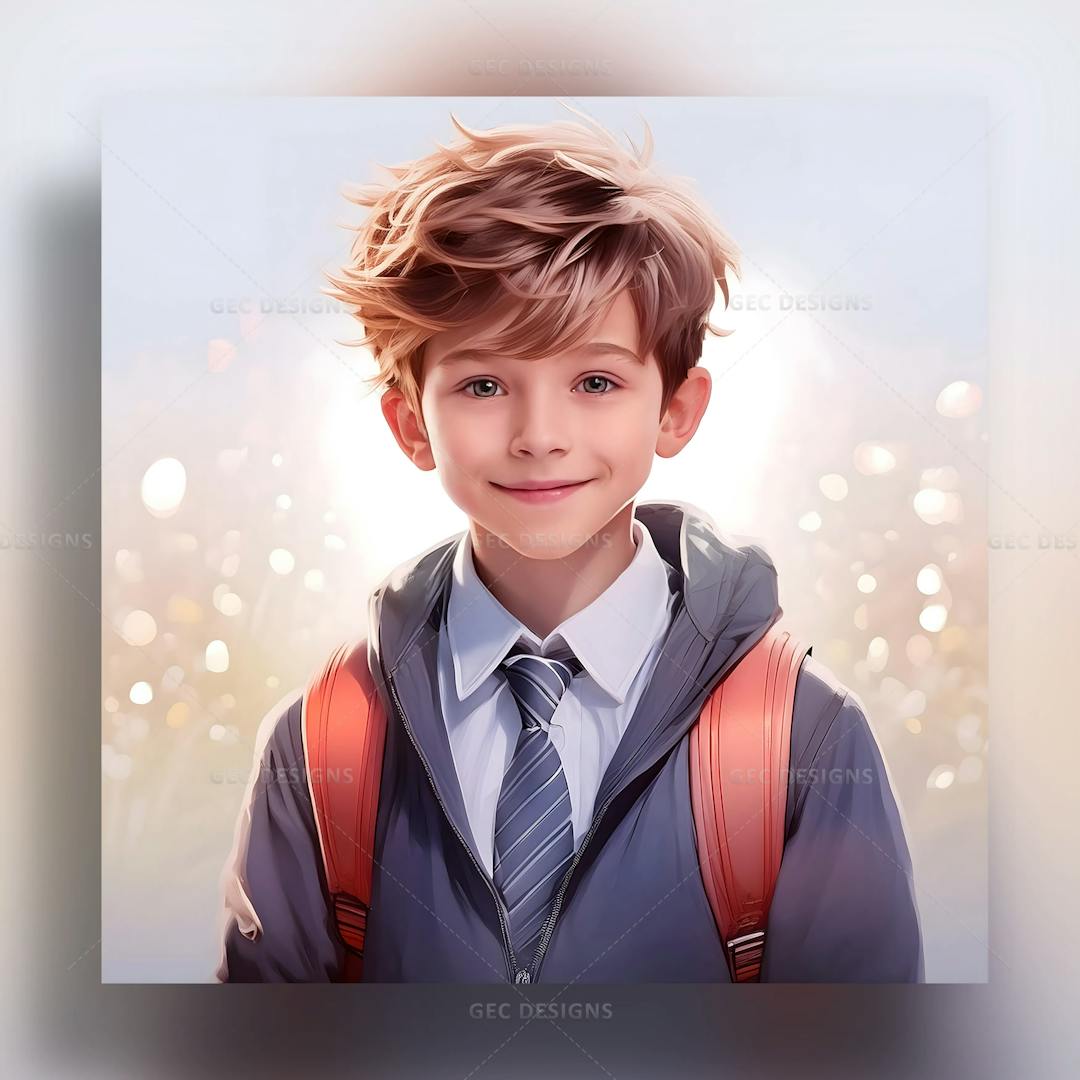 Smiling schoolboy in school uniform with backpack AI Generated wallpaper