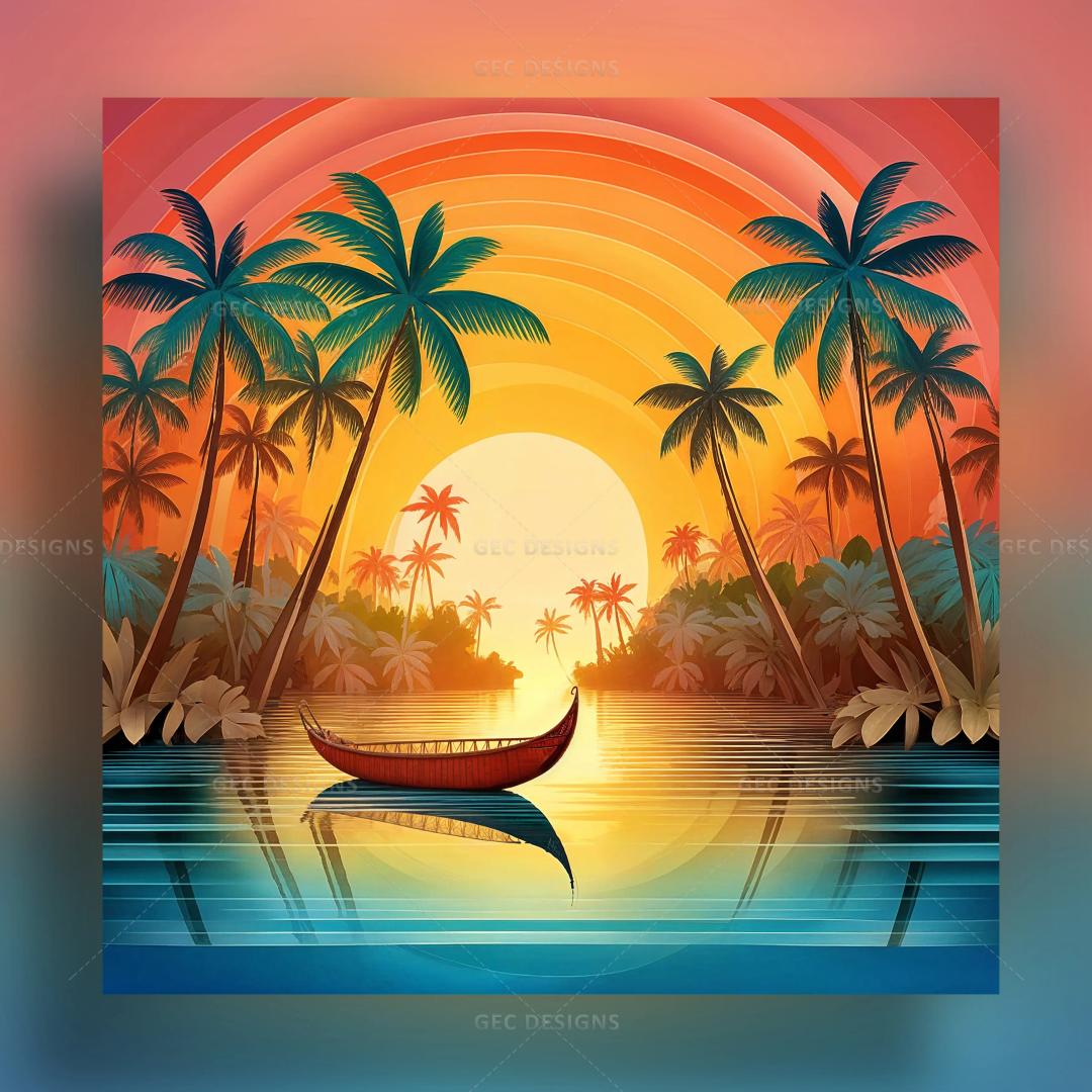 Snake boat in backwaters, sunrise background, Onam theme illustration image