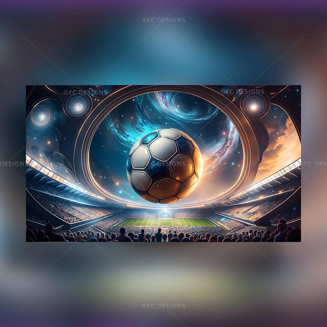 Soccer football stadium with spotlights AI Generated wallpaper, football comes from galaxy through portal background