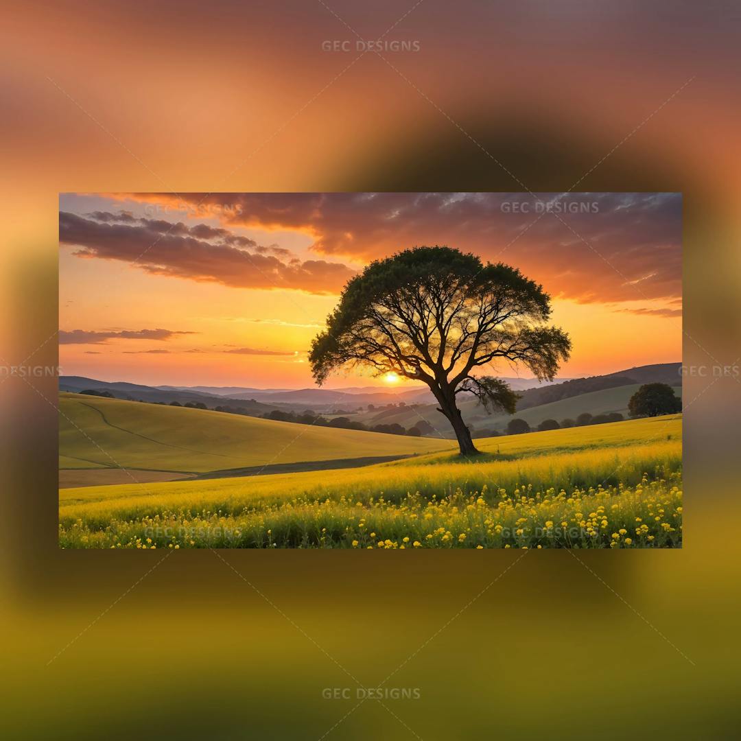 Sunset over beautiful yellow flower plains AI Generated HD desktop wallpaper