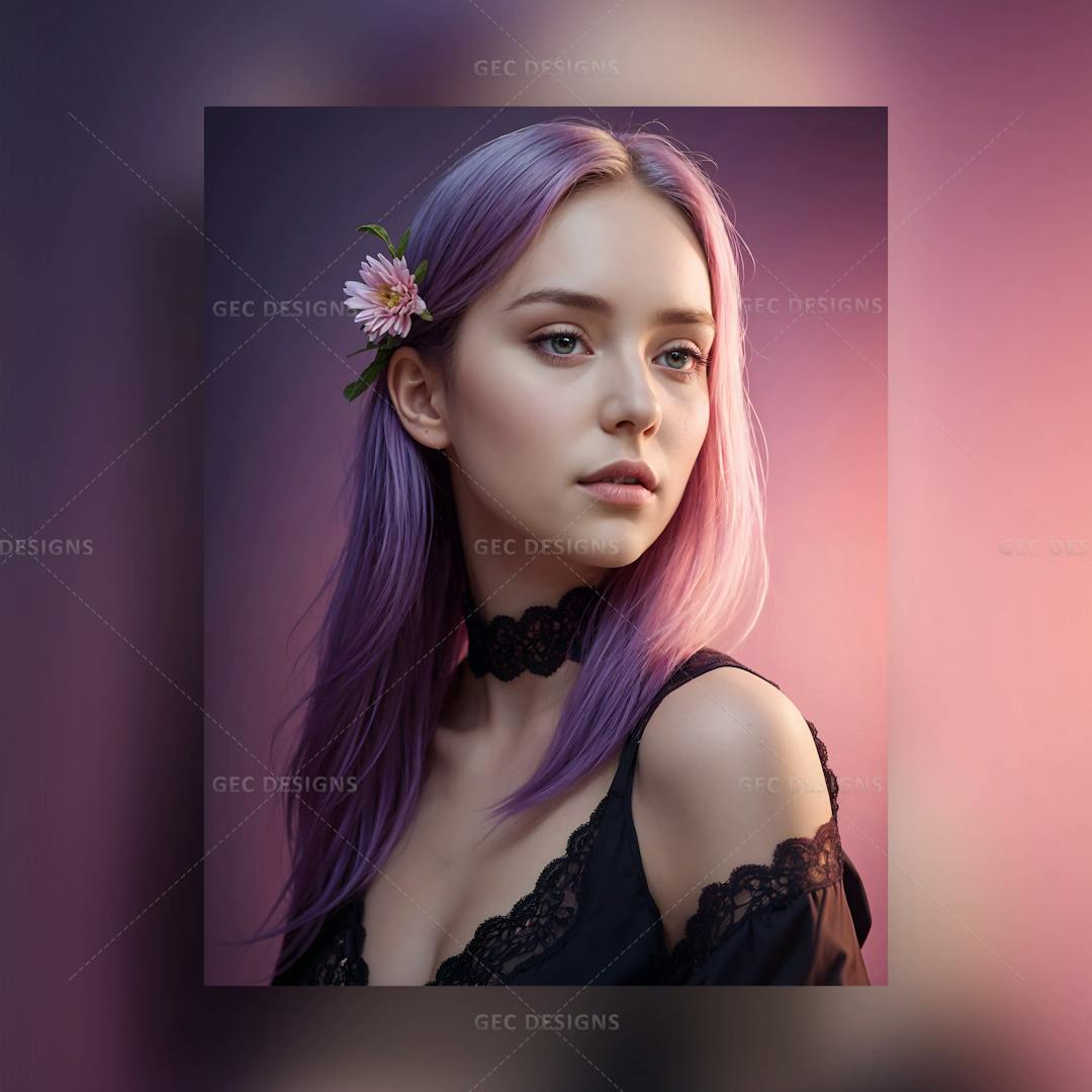 Super Realistic young woman with black dress purple hair pink flower wallpaper