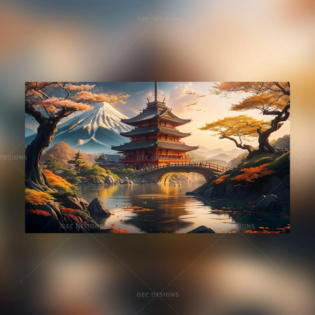 Traditional Japanese village wallpaper, mount Fuji, spring blossom background