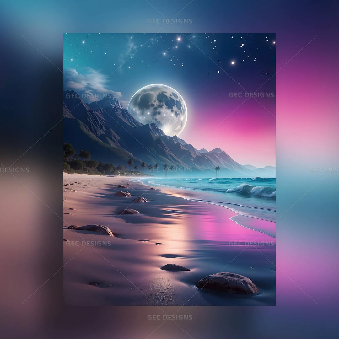 Tropical beach at night sky with big moon and stars AI generated wallpaper, neon background