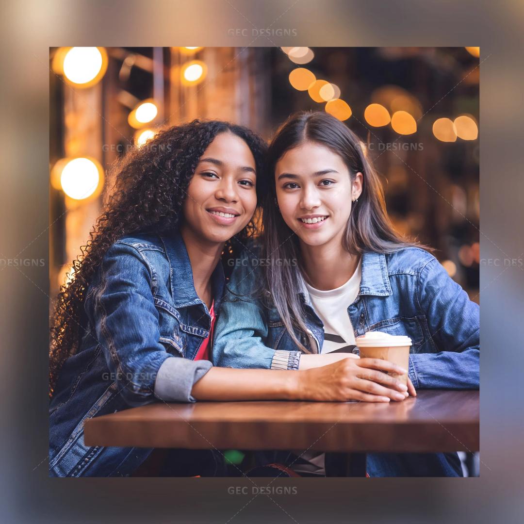 Two pretty young women at the cafe AI Generated wallpaper, a bokeh light background