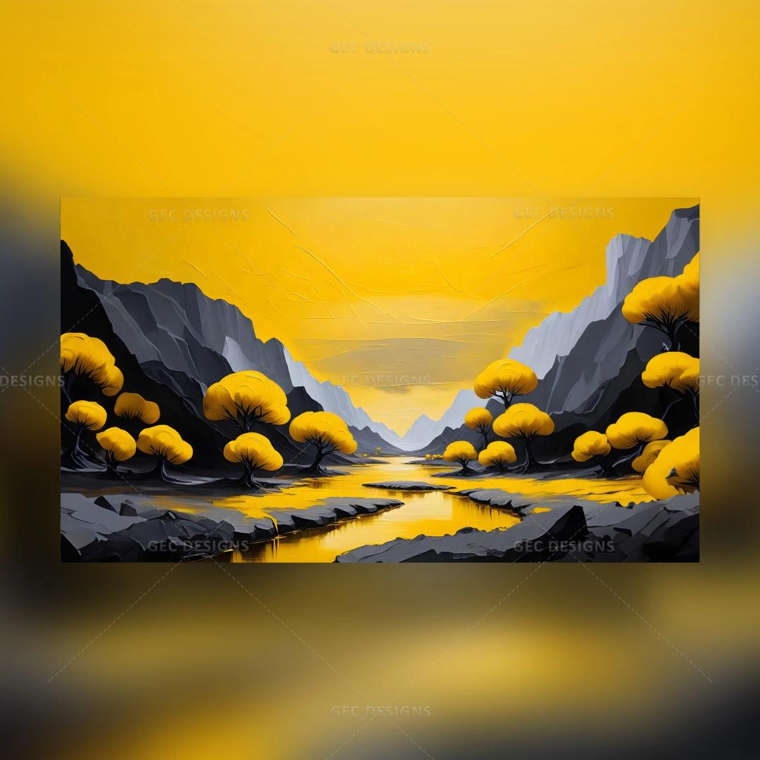 Valley with trees and river, yellow evening digital art ai generated image