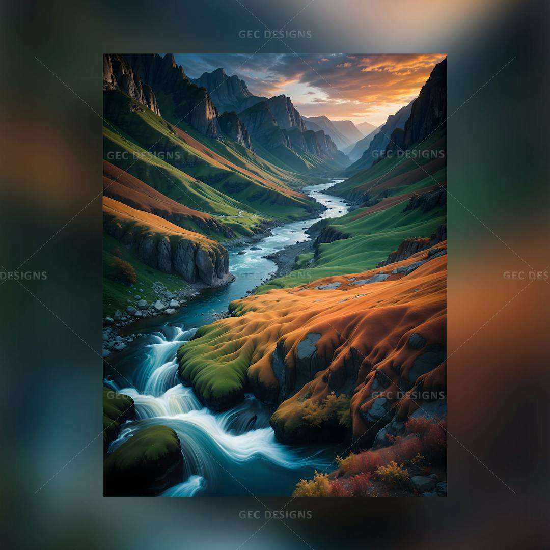 Vibrant colorful valley landscape at sunset AI Generated wallpaper