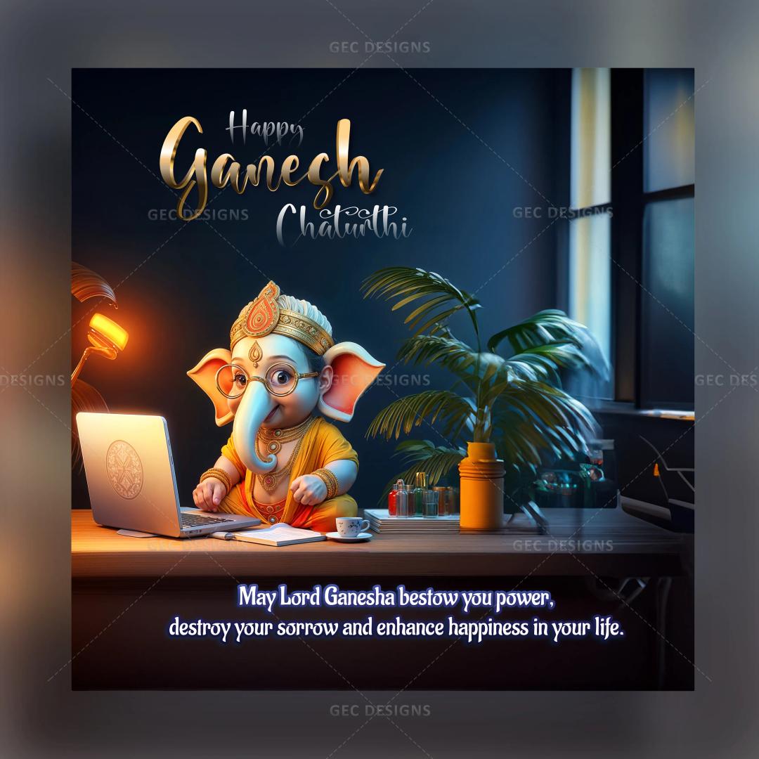 Vinayagar Chaturthi poster image, little cute Ganesh working on the computer with spectacles wallpaper