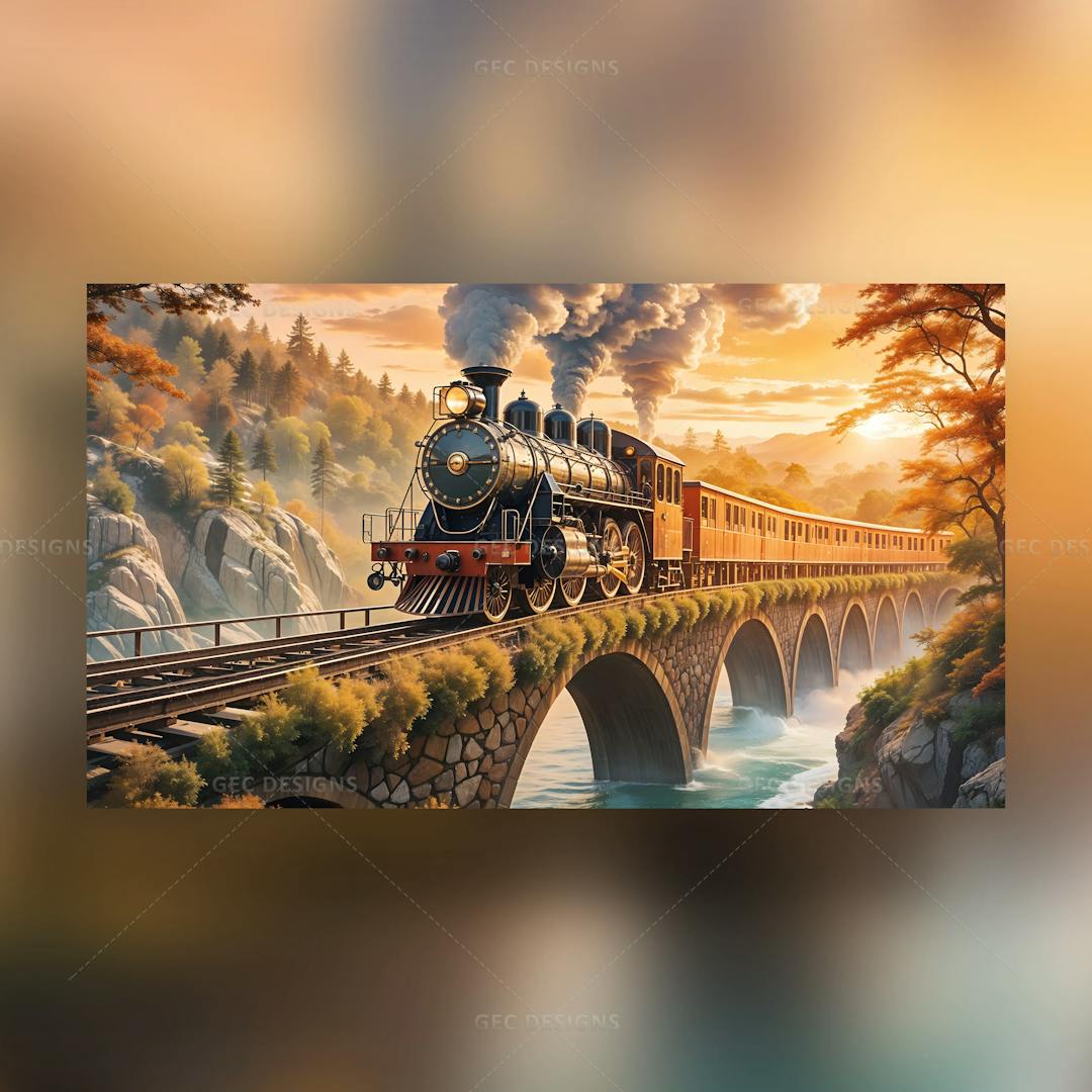 Vintage steam locomotive train passing on bridge AI Generated wallpaper