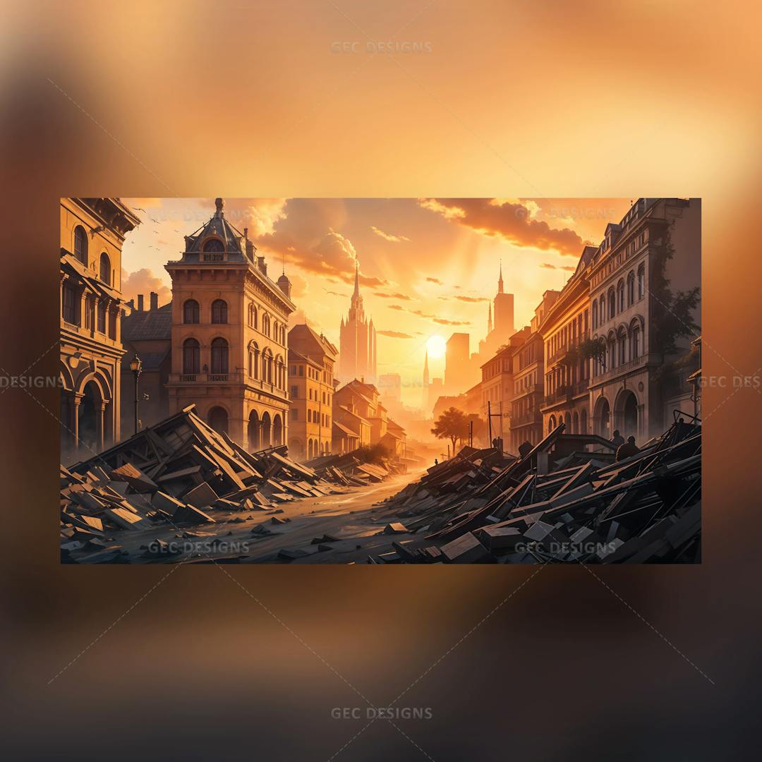 War concept destroyed city background AI Generated wallpaper
