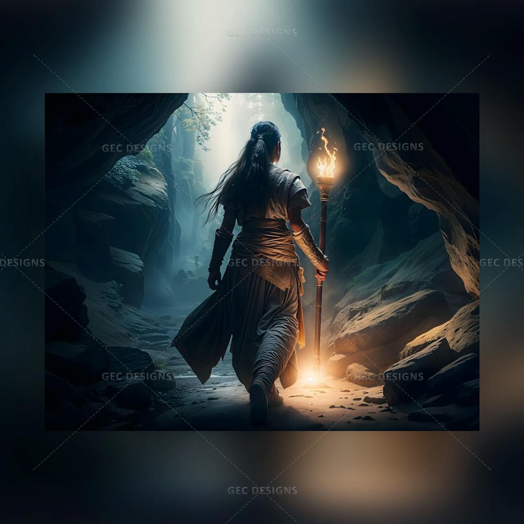 Warrior in a dark cave with torch AI Generated wallpaper