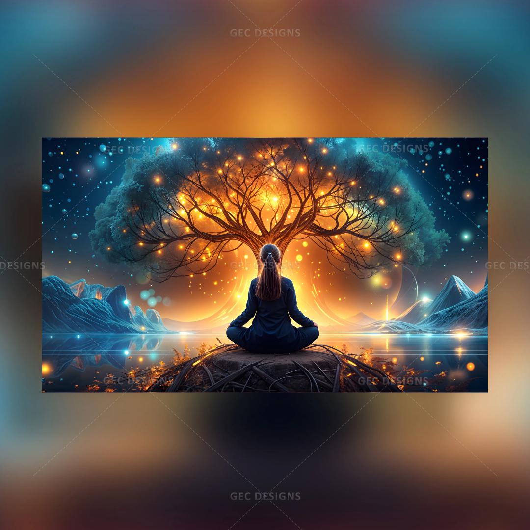 Woman meditates under a tree surrounded by water, light particles, and cosmic vibe AI generated background, International Yoga Day wallpaper