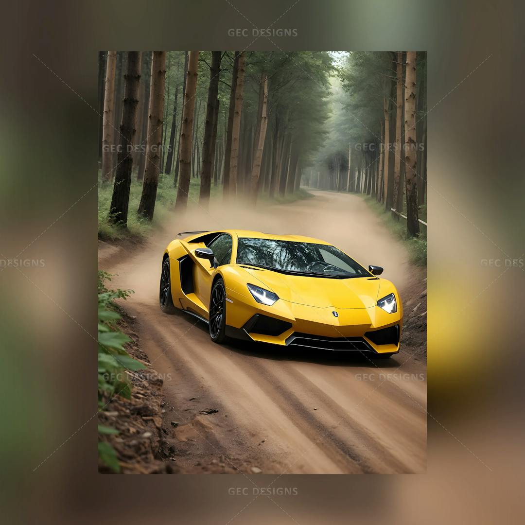 Yellow Lamborghini on forest road wallpaper, Jungle dusty road background