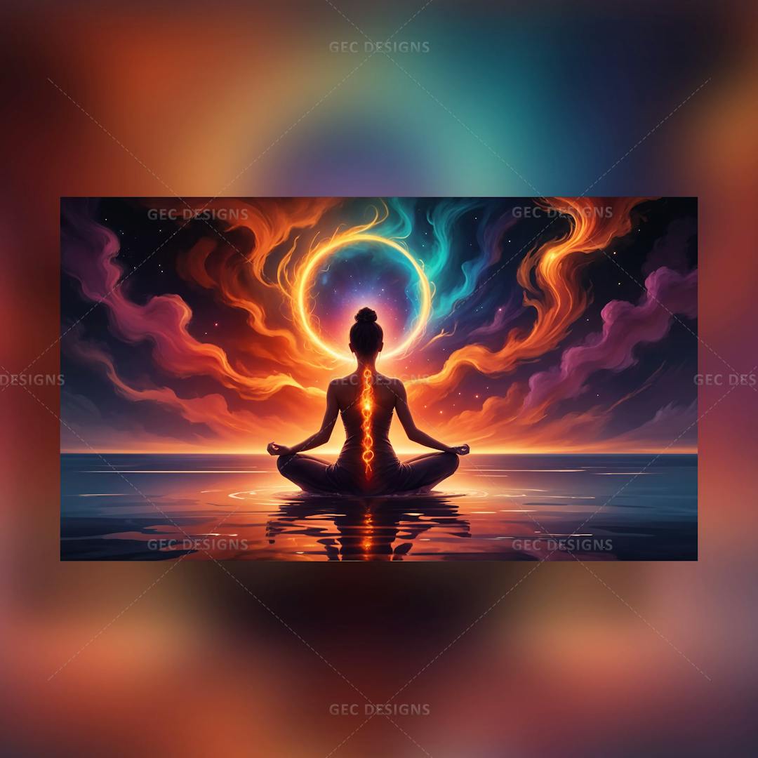 Yoga day wallpaper, human meditate in a lotus pose, yoga activates seven chakras with a beautiful aura background
