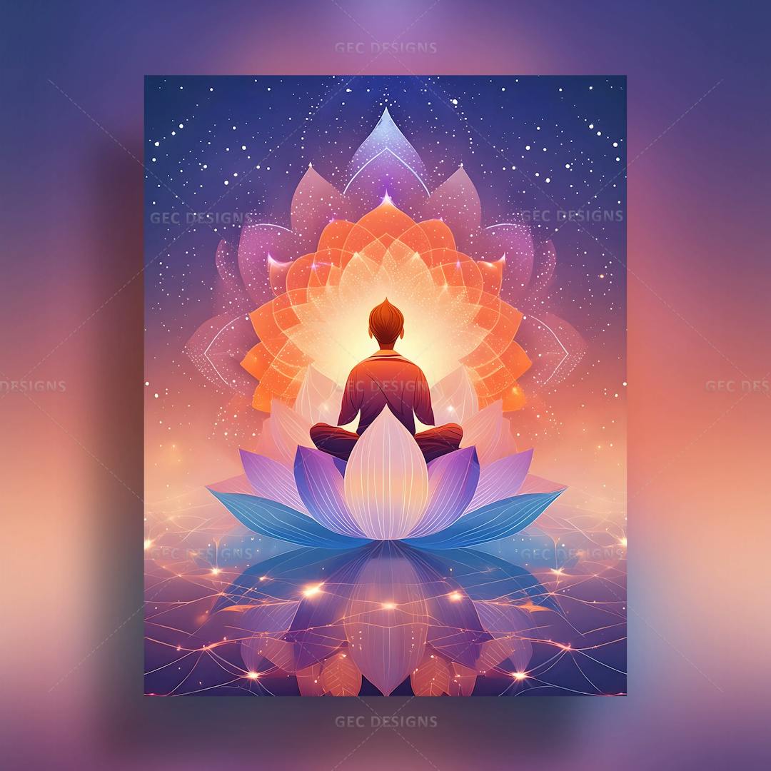 Yoga day wallpaper, lotus flower, Buddha in meditation with spiritual chakra background