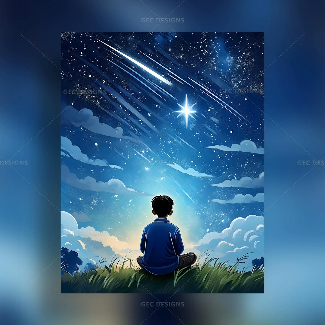 Young boy sitting on a grass field looking at the sky wallpaper with a starry night sky background