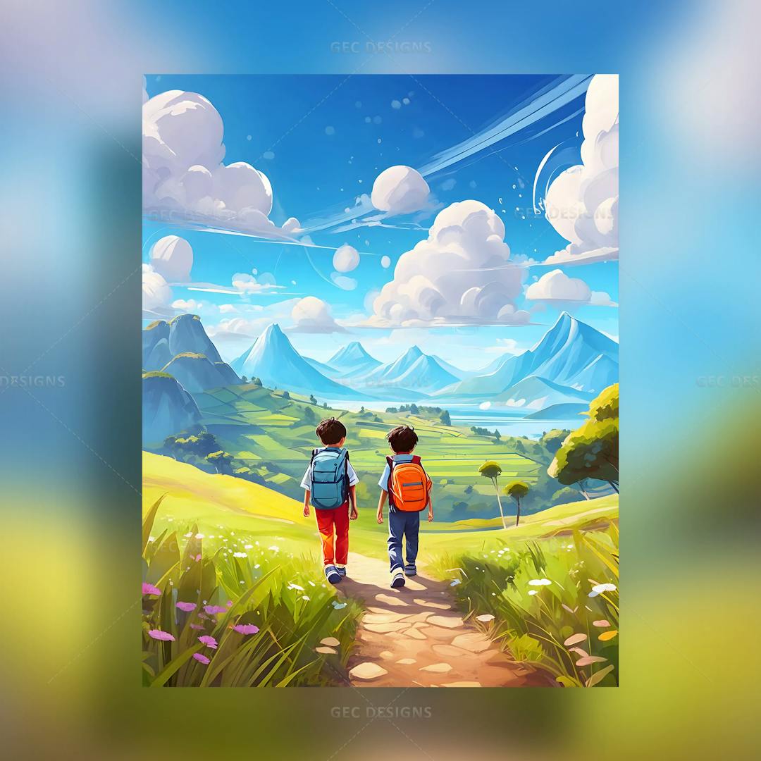 Young boys with backpacks walking through farm field wallpaper, beautiful nature landscape with mountains background