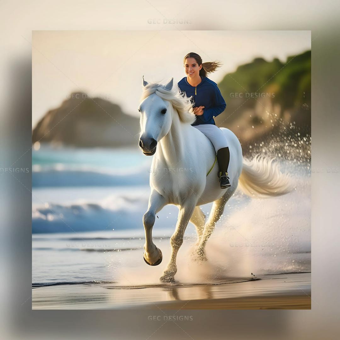 Young girl riding on a beautiful white horse at beach wallpaper