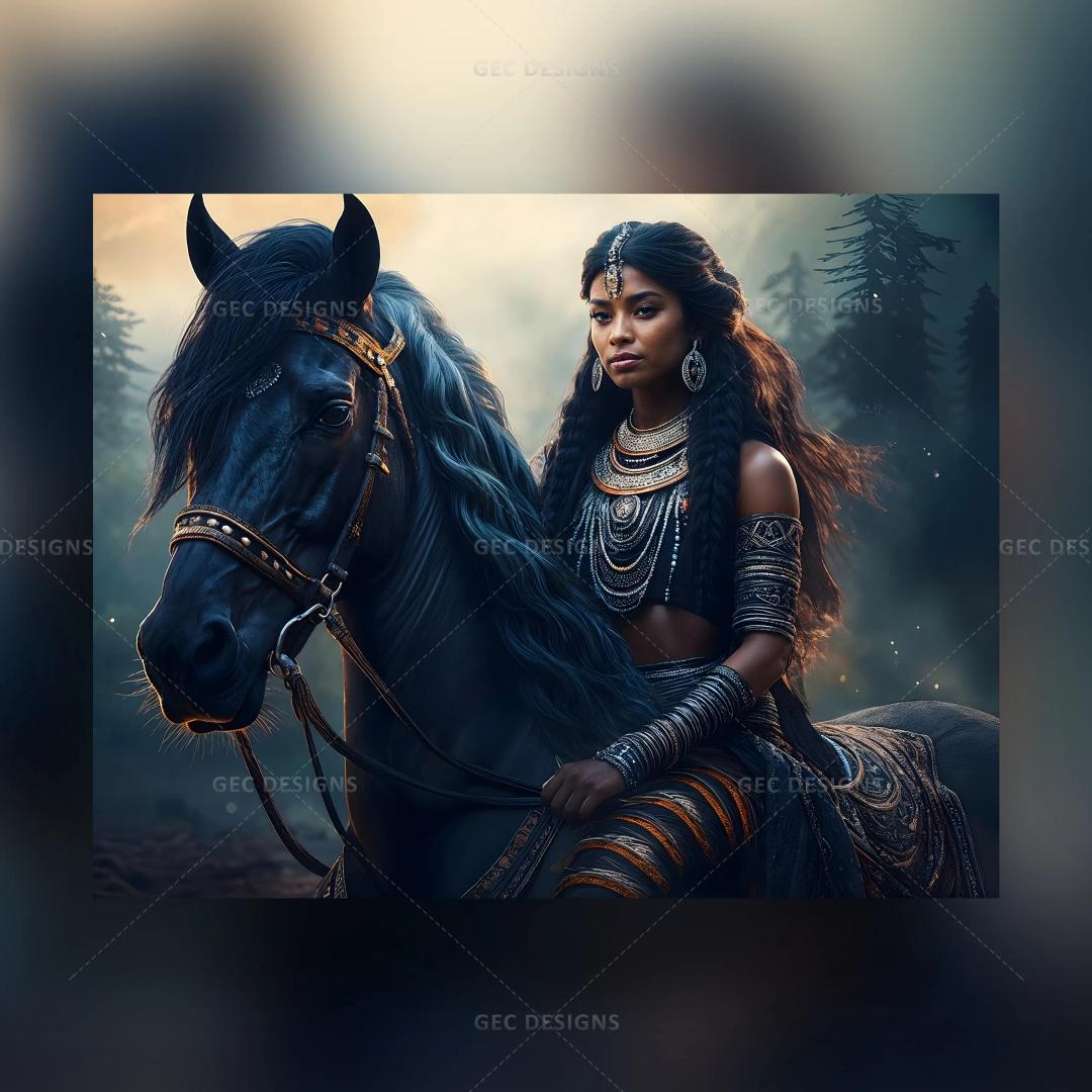 Young Native American Red Indian woman riding black horse AI Generated wallpaper