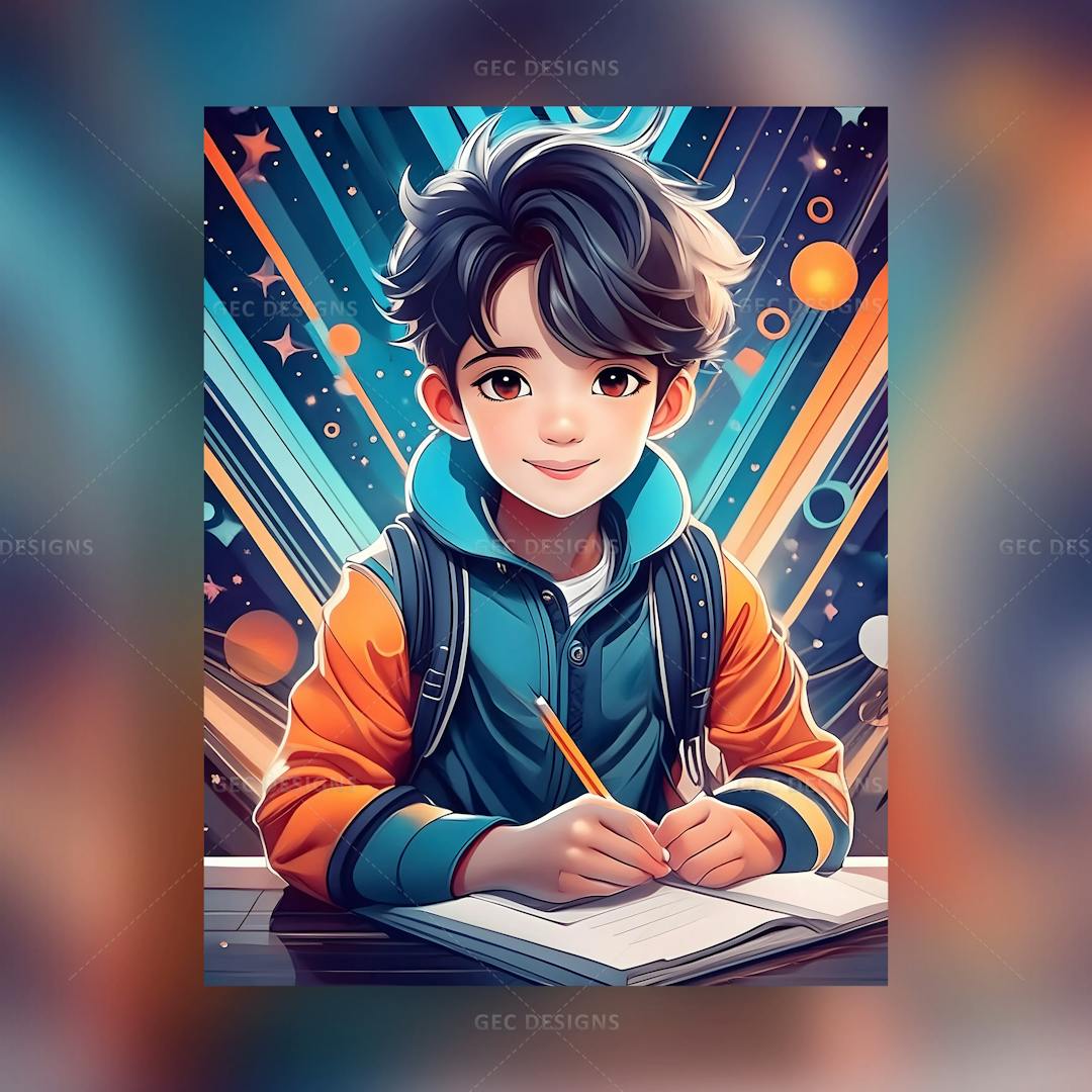 Young school boy writing in book anime-style wallpaper
