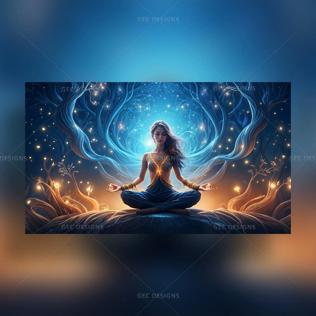 Young woman meditation in a lotus pose wallpaper with spiritual aura neural network background