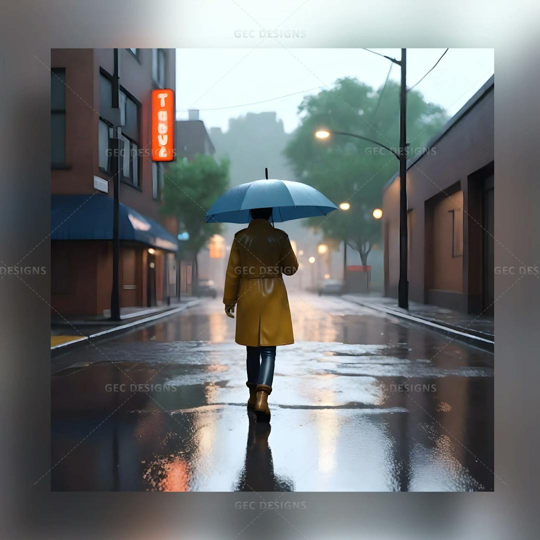 Young woman walking alone in the rain with umbrella wallpaper