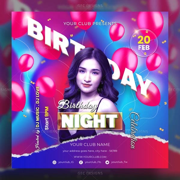 Birthday night party PSD flyer template