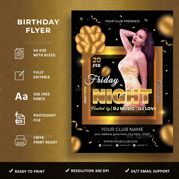 Friday night party flyer design with golden frame