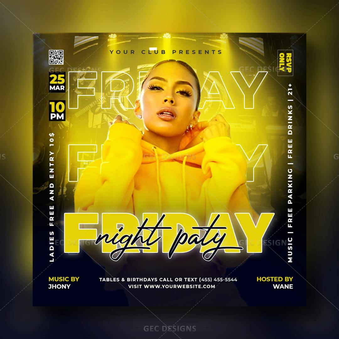 Friday night party flyer template with stroke text effect