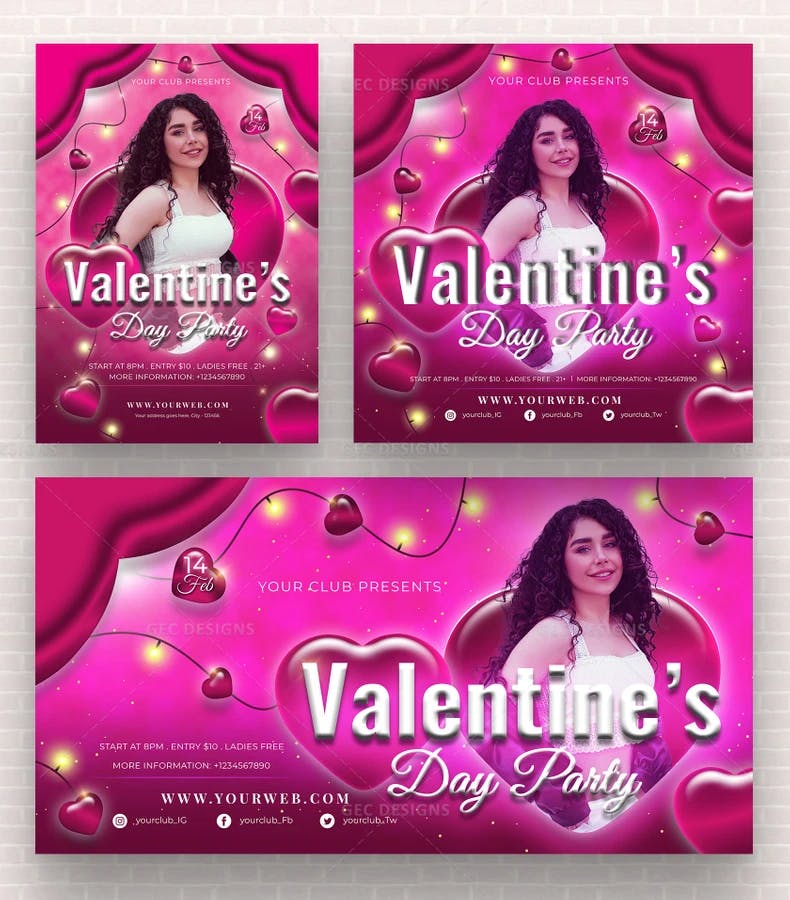 Glowing pink hearts Valentine's day party flyer template