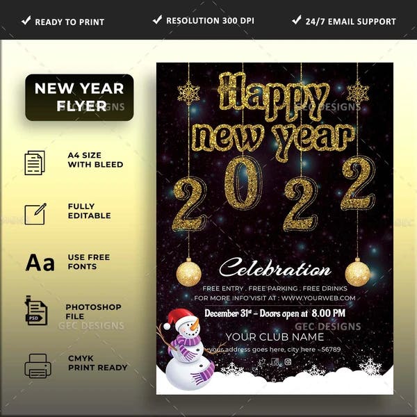 Golden text New year party flyer Design