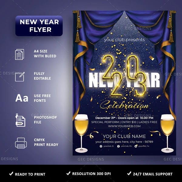 Navy blue New Year party flyer design
