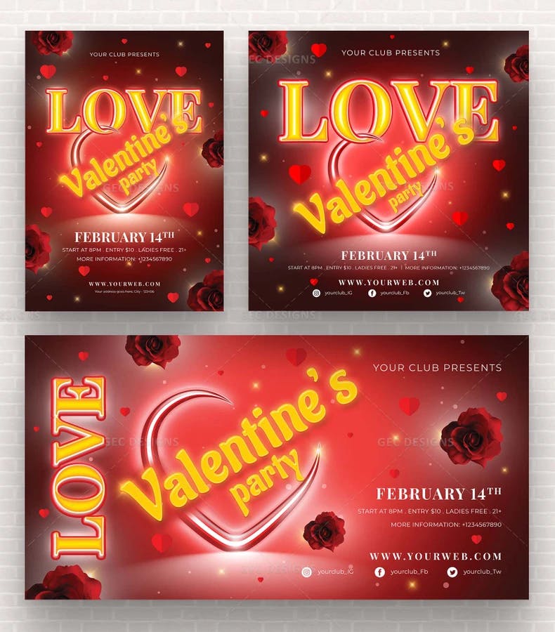 Red Valentine's day party flyer with neon effect