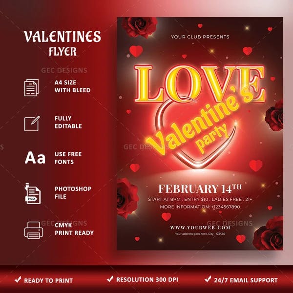 Red Valentine's day party flyer with neon effect