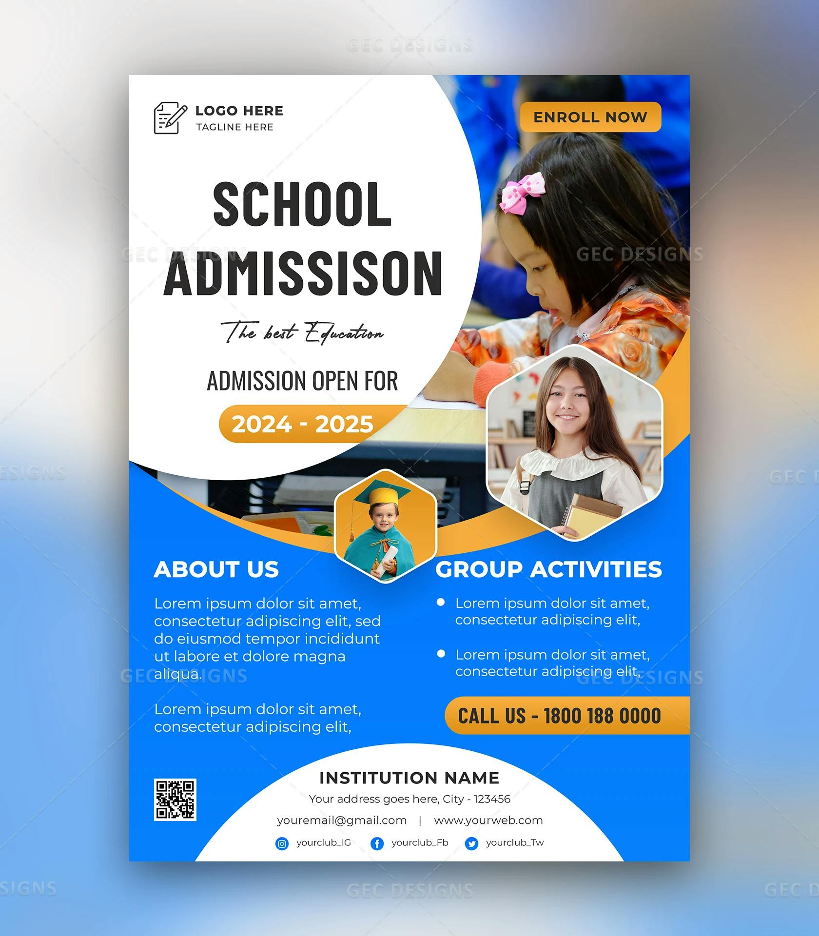 School admission promotion flyer design in sky blue