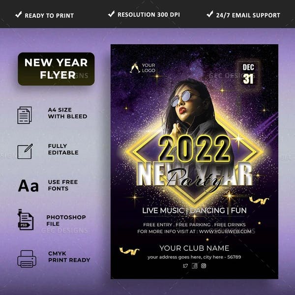 Stylish new year celebration flyer design