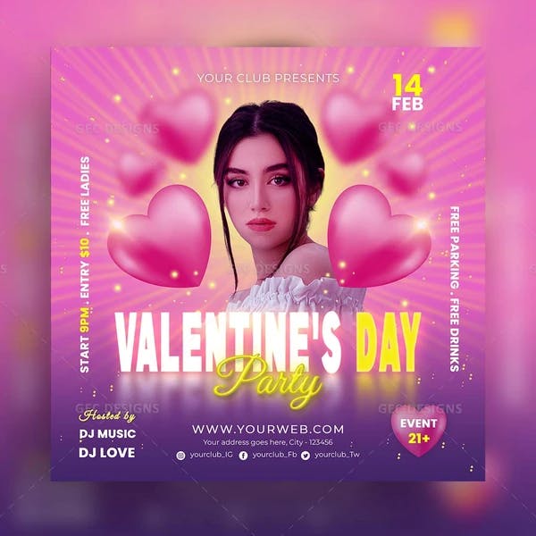 Valentine's Day night club and party flyer template
