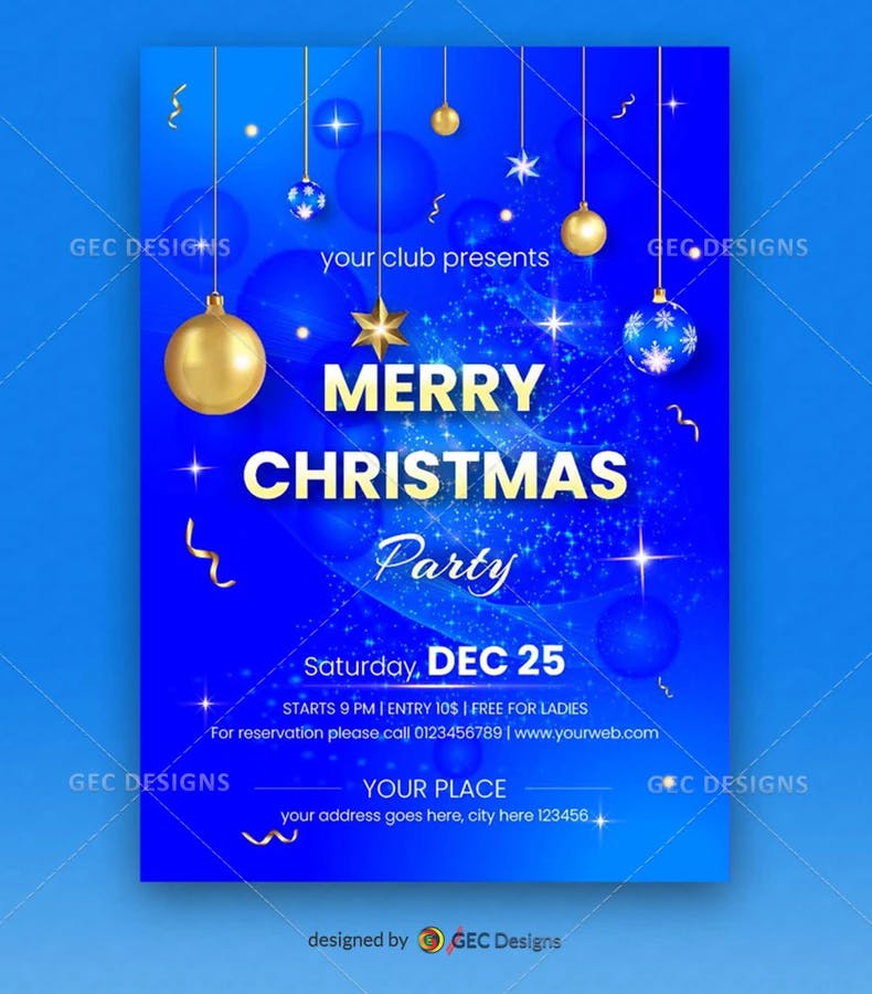 Vibrant blue Christmas party flyer template