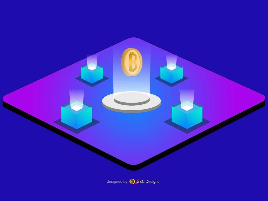 Floating bitcoin with flashlight vector illustration
