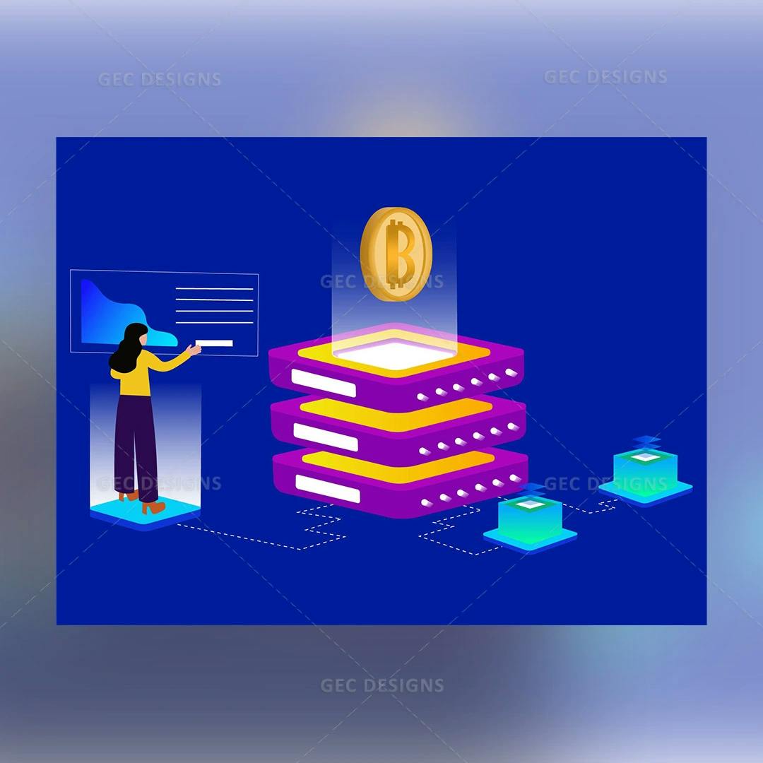 Isometric Bitcoin crypto with server illustration