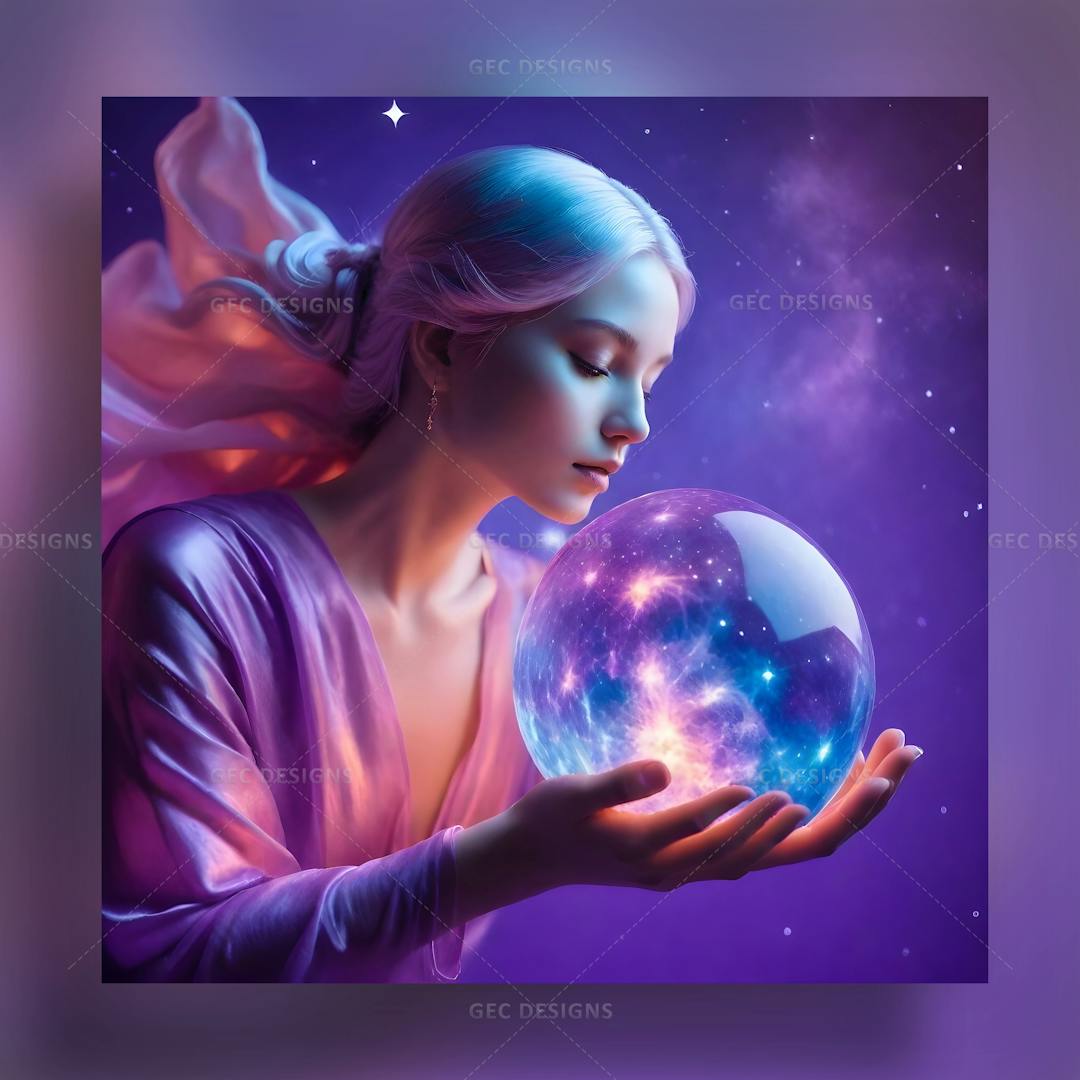 Angel holding glass magic ball filled with cosmic energy AI-generated image