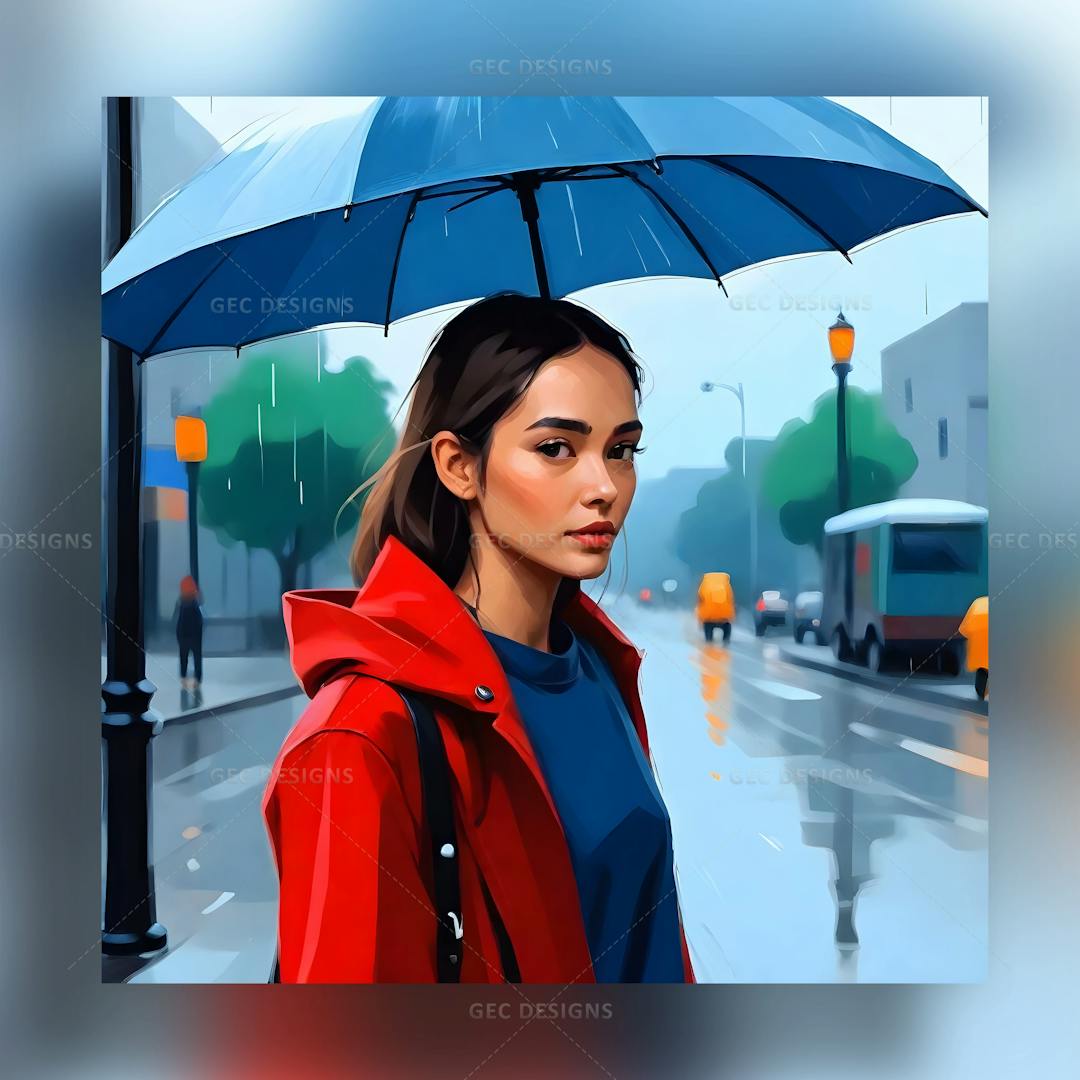 Beautiful lonely girl in the rain with umbrella AI-generated digital art image