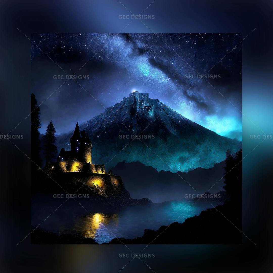Golden black castle on the volcanic Mountain at night AI-generated image