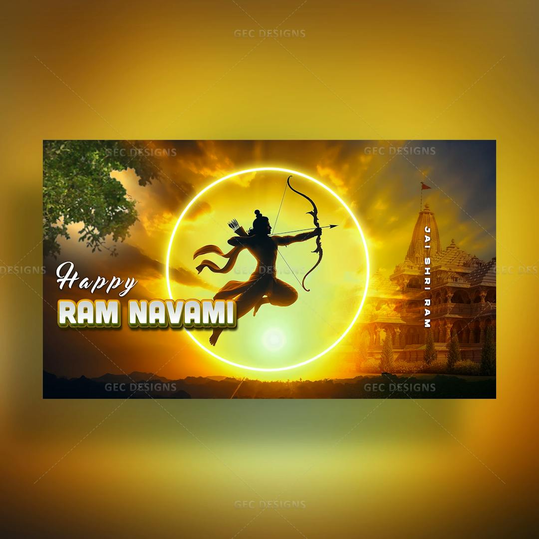 Happy Rama Navami greetings, lord Ram with bow and arrow, orange-yellow background poster wallpaper