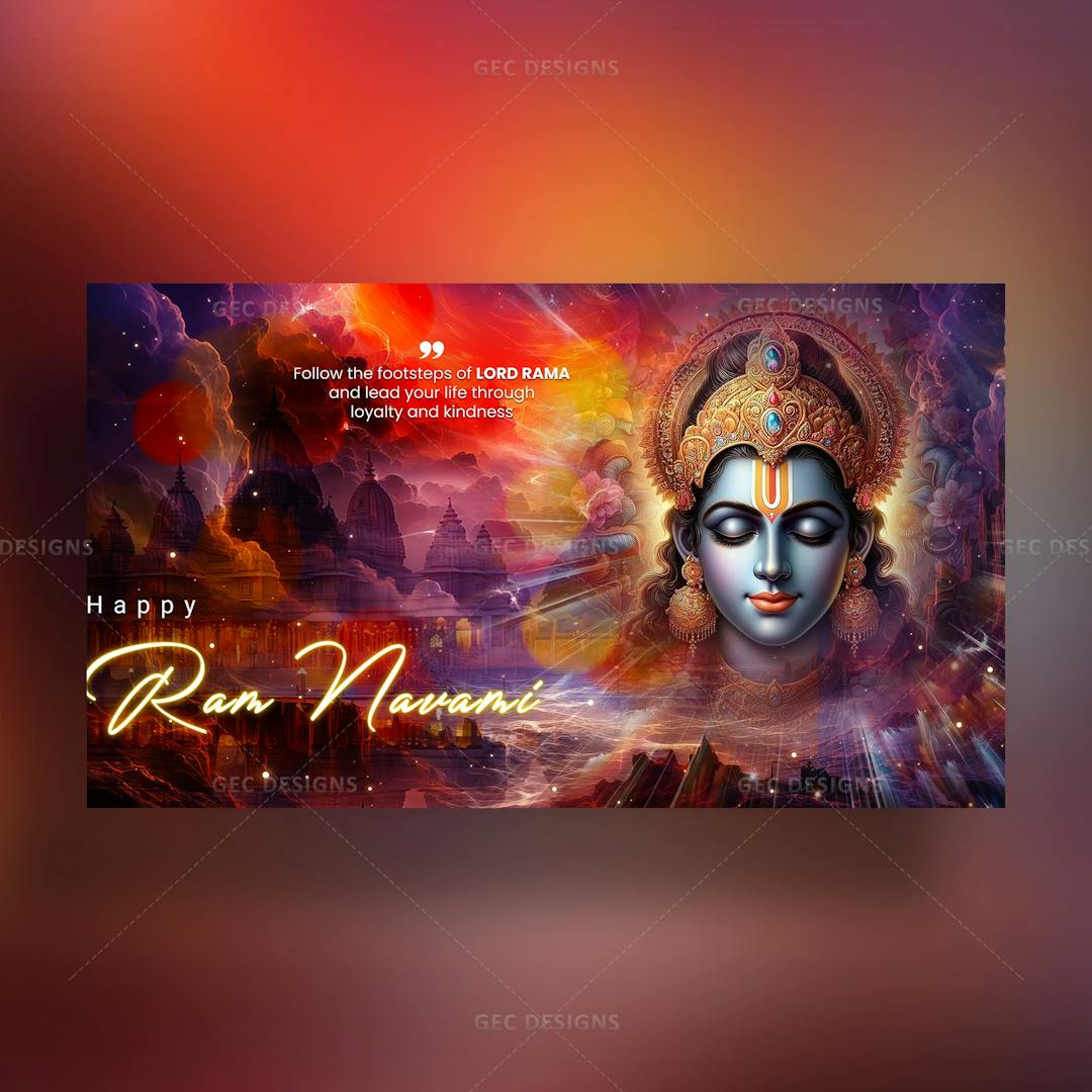 Happy Rama Navami with a beautiful Ayodhya Ram Mandir background with quotes and HD wallpaper
