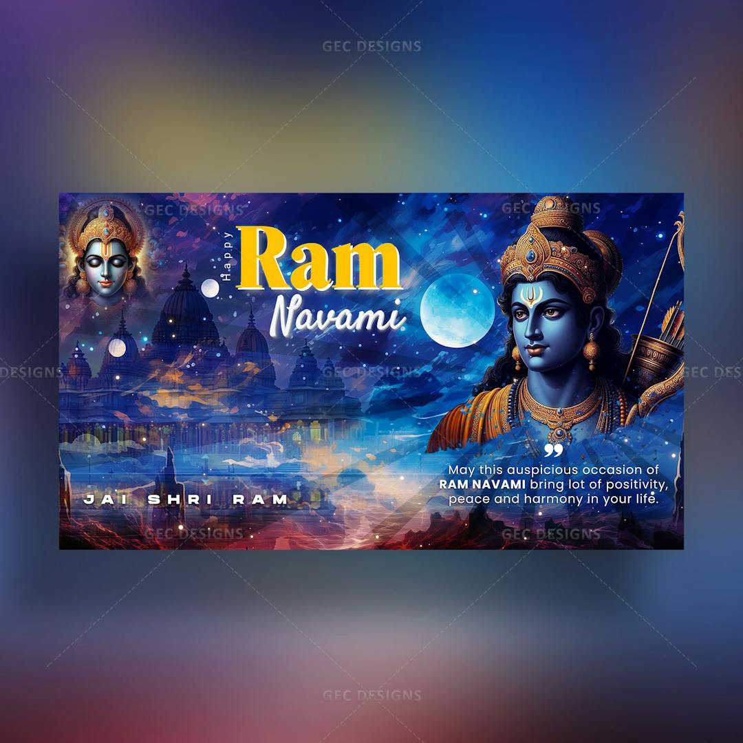 Sri Rama Navami greetings, lord Ram with a beautiful blue background and quote, HD widescreen wallpaper