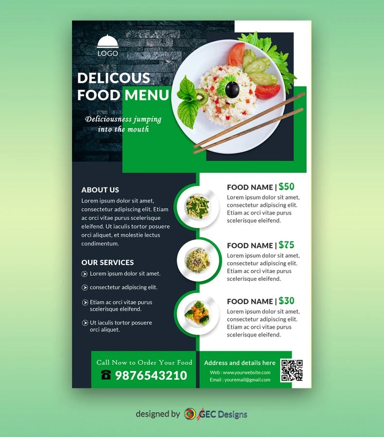 Delicious food menu restaurant Flyer Template