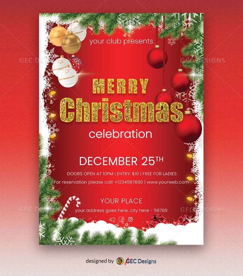 Bloody red Christmas celebration flyer template | GEC Designs